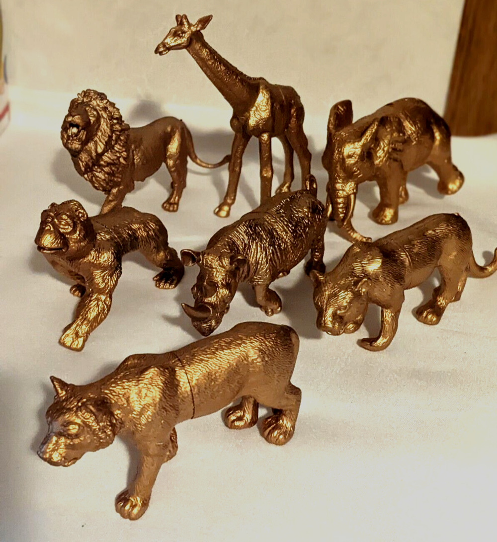 Jungle Safari Animals Lot of 7 Gold Colored Toy Pretend Play Hard Plastic